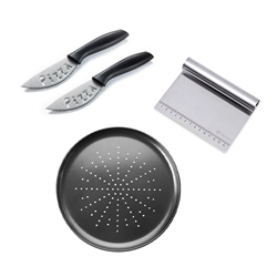 Lot plaque à pizza, coupe pâte gradué et 2 couteaux à pizza en inox