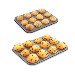 Lot 2 plaques 12 muffins et 12 mini-muffins acier revêtement antiadhérent Mathon