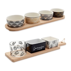 Set de 2 plateaux apéritifs bambou et porcelaine 3 et 4 coupelles Mathon