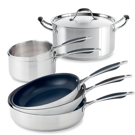 Batterie de cuisine Excell'Inox 2 casseroles, 2 poêles, faitout inox et sauteuse Mathon