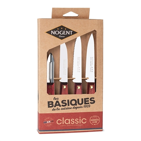 Coffret 3 couteaux d’office et 1 éplucheur Kraft Classic bois merisier Nogent