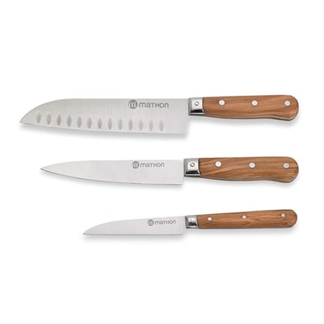 Set couteau d'office + couteau de chef + santoku en bois d'olivier et lame inox Mathon