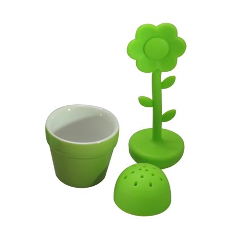 Boule à thé fleur verte en silicone et pot en céramique Lebrun