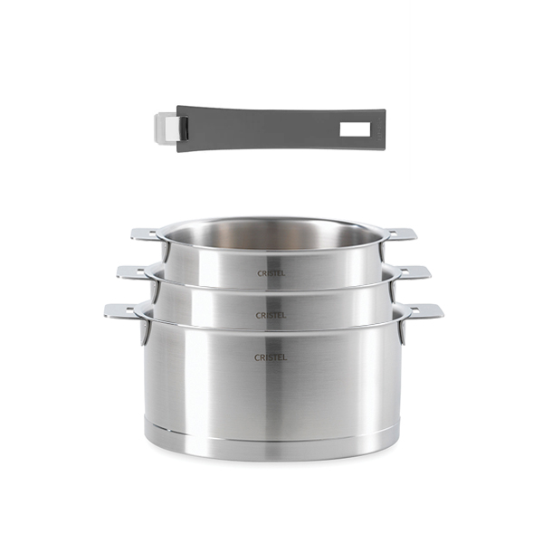 Batterie de cuisine casseroles Mutine manche amovible 16 et 20 cm et 1 manche Cristel zoom
