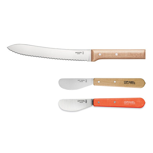 Set couteau à pain N°116 Parallèle et 2 tartineurs N°117 naturel et mandarine Opinel zoom
