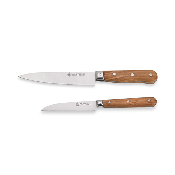 Set couteau d'office et couteau de chef en bois d'olivier et lame inox Mathon zoom
