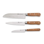 Set couteau d'office + couteau de chef + santoku en bois d'olivier et lame inox